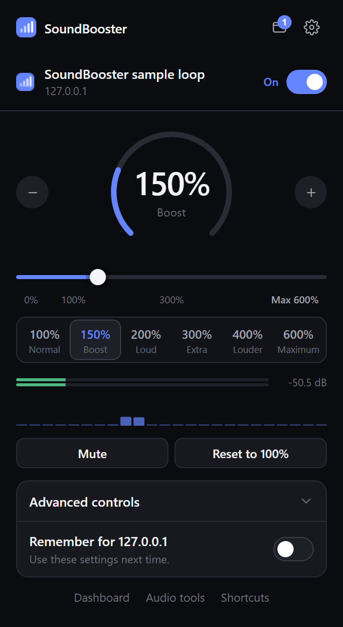 SoundBooster Chrome volume booster popup: a tab boosted to 150% with presets up to 600%, level meter and equalizer