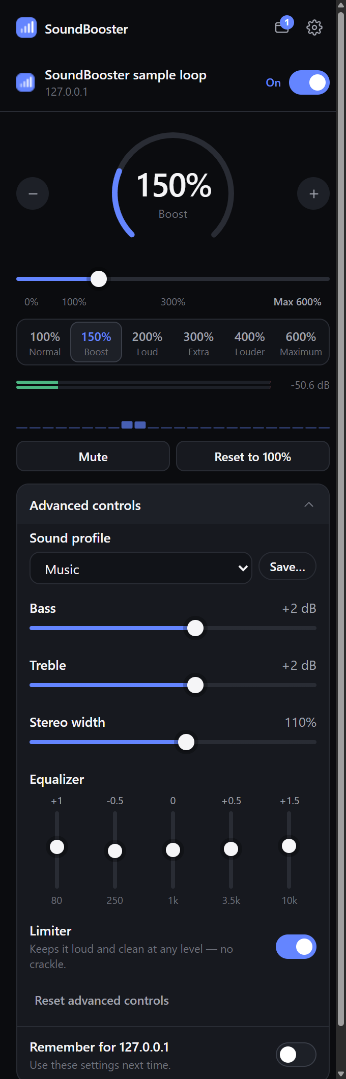 Advanced: sound profiles, bass, treble, stereo width, 5-band EQ and the limiter.
